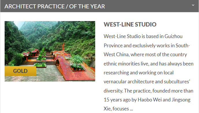 西线工作室荣膺世界建筑新闻奖（Wan Awards——Best of The Best）年度建筑实践大奖之唯一金奖（Architect Practice / Of the Year Gold）  